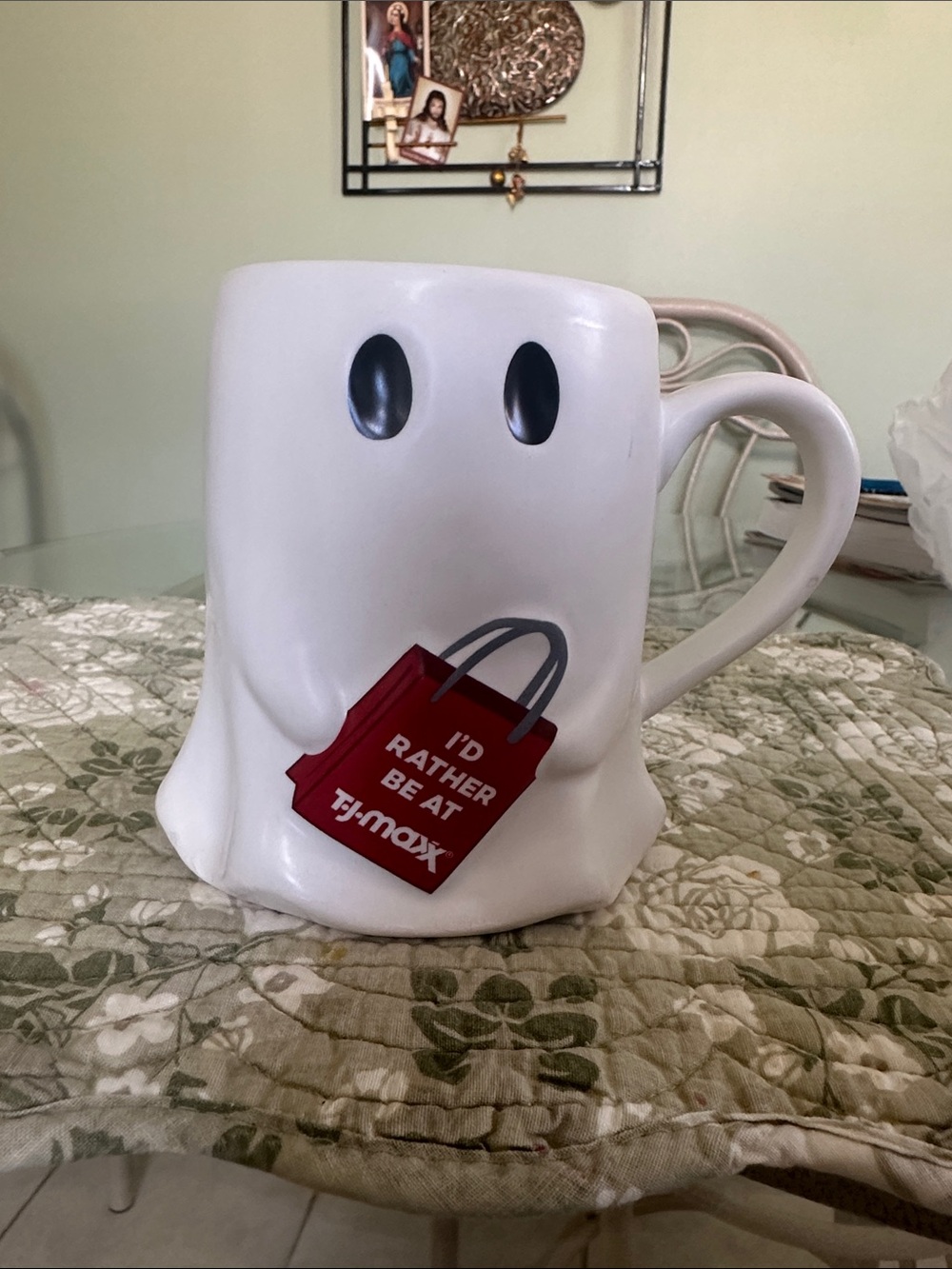 T.J.Maxx White Ghost Mug with Red Shopping Bag Accent Brand New,